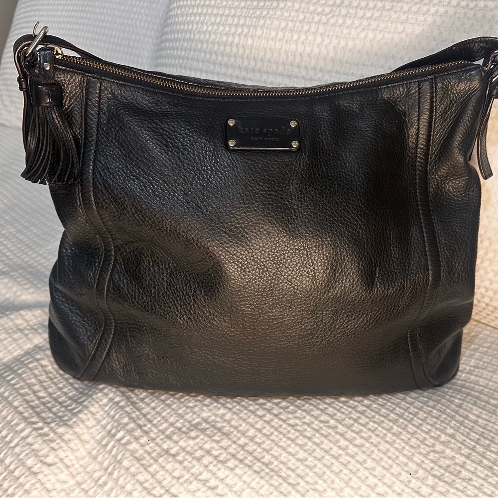 Kate Spade Black Pebbled Leather Hobo Shoulder Bag With Tassel